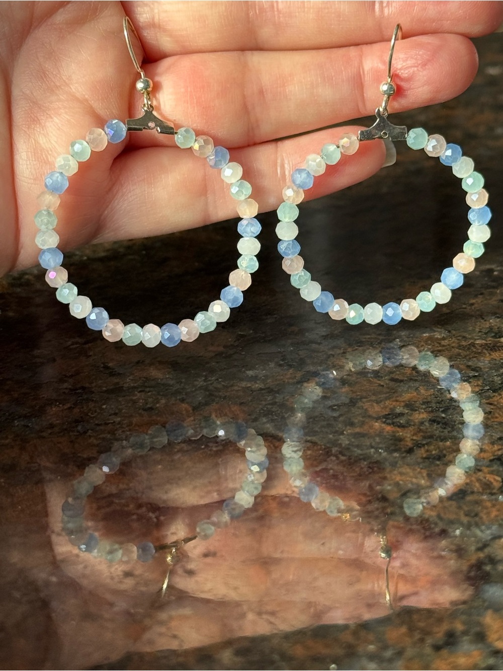 NWOT Handcrafted Crystal Blue Pink Pastel Dangle Hoop Nickel Free Hook Earrings